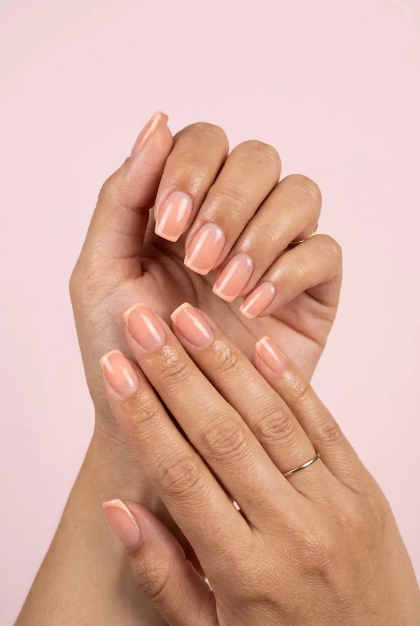 Sheer peach micro French nails for summer nail art 2026. Minimalist, romantic, perfect for weddings and daily wear.