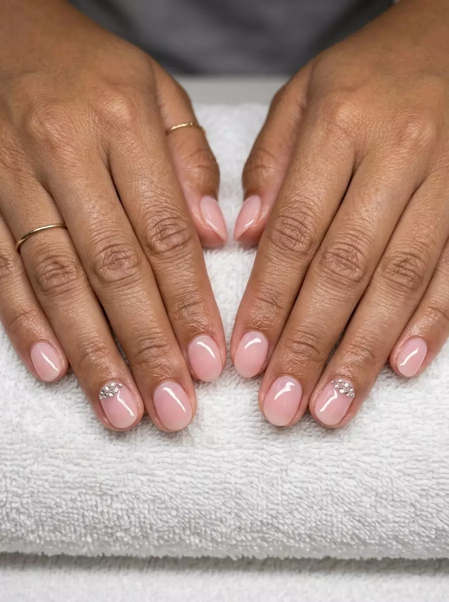 Elegant sheer pink rhinestone accent nails for summer nail art 2026. Perfect for weddings and date nights.