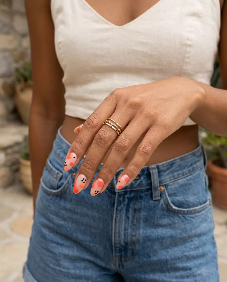 Vivid coral abstract dot nails for summer nail art 2026. Playful, artistic, perfect for vacations and summer parties.