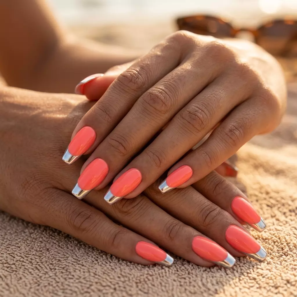 Vivid coral chrome almond French tip nails for summer nail art 2026. Vibrant and glamorous.