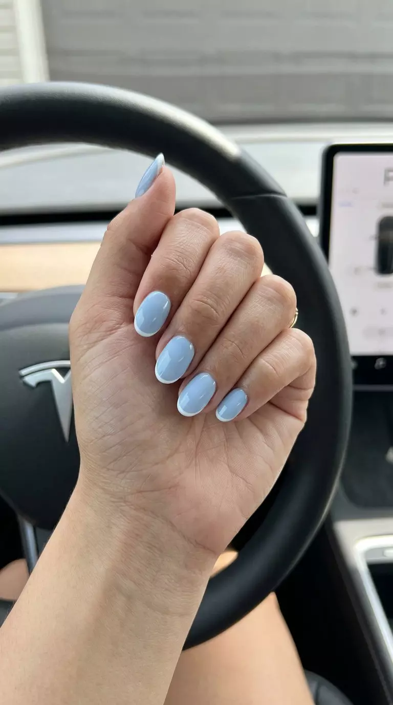 Baby Blue Micro French: Minimalist summer nail colors 2026 for office or wedding. Pale blue & white.