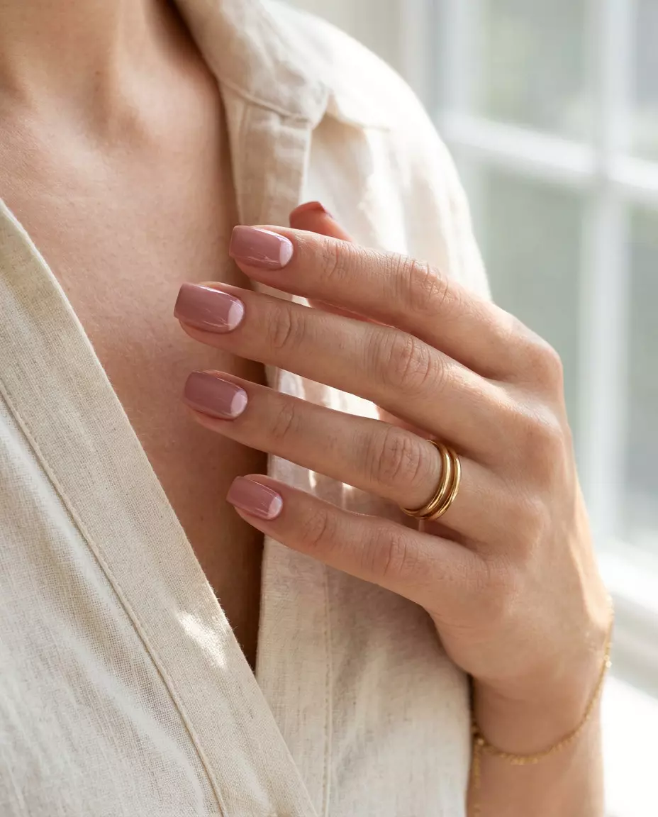 Dusty rose reverse French nails for summer 2026. Clean, polished office chic.