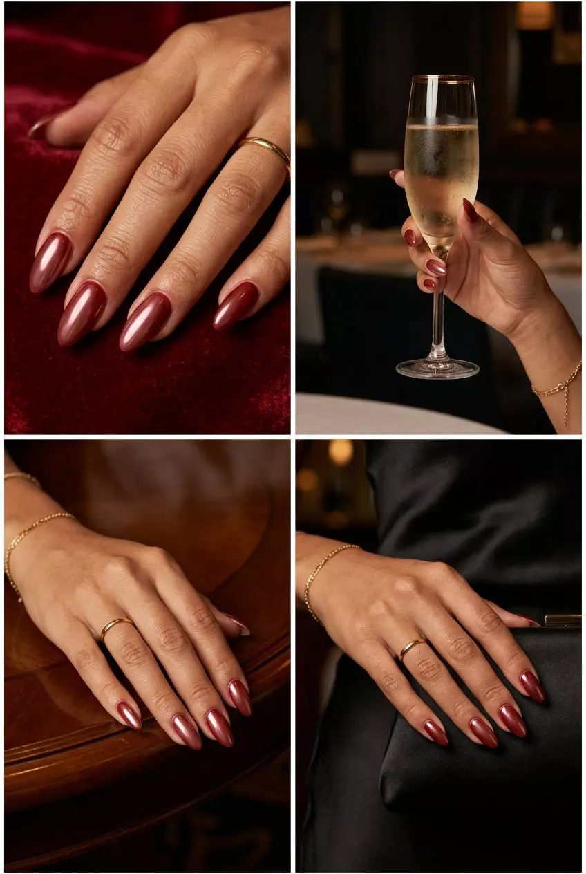 Glazed Cherry Coke: Deep cherry red nails with a pearlescent glaze finish, a bold summer nail color 2026.