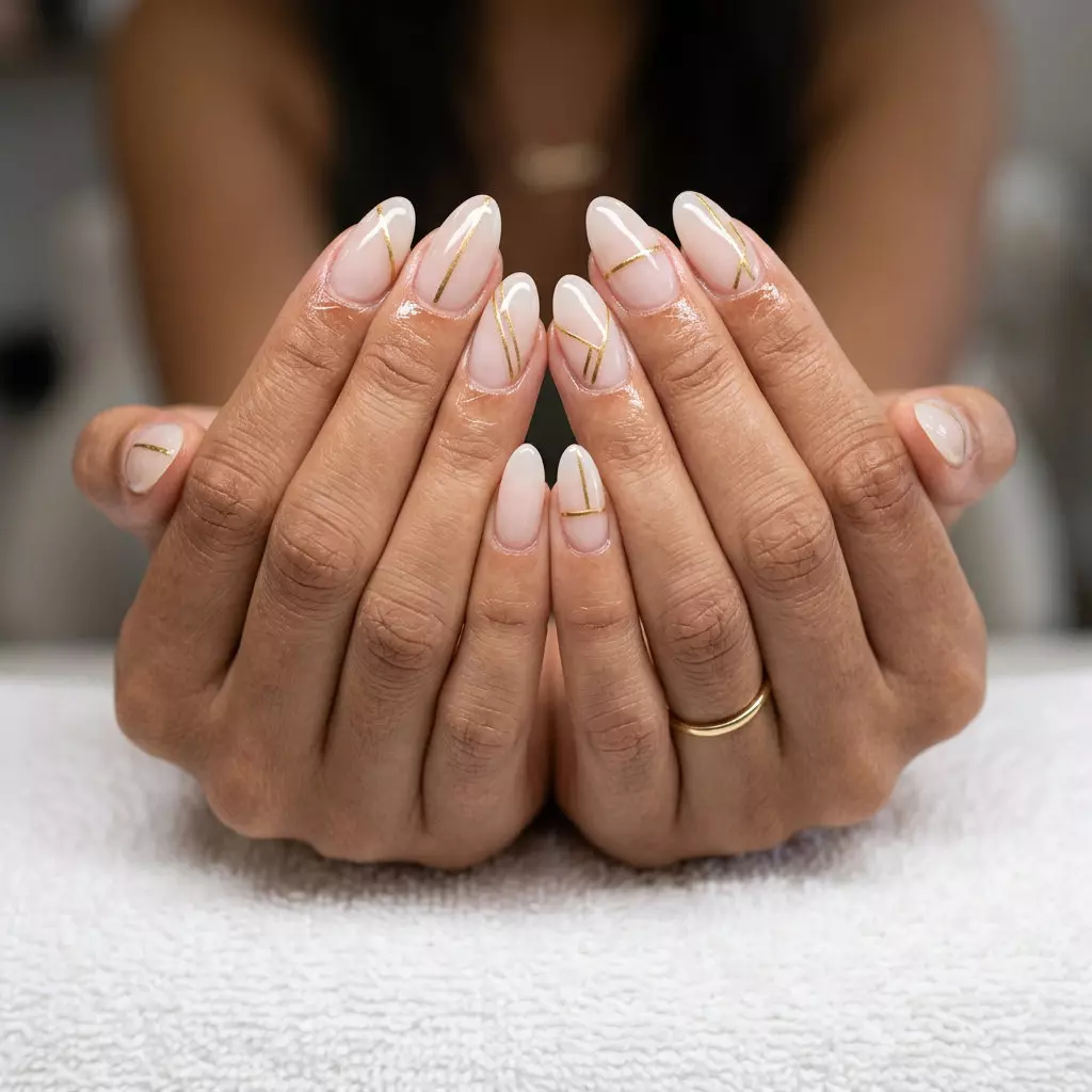 Golden Hour Abstract Almonds: Sheer nude nails with metallic gold abstract lines, perfect for summer nail colors 2026.