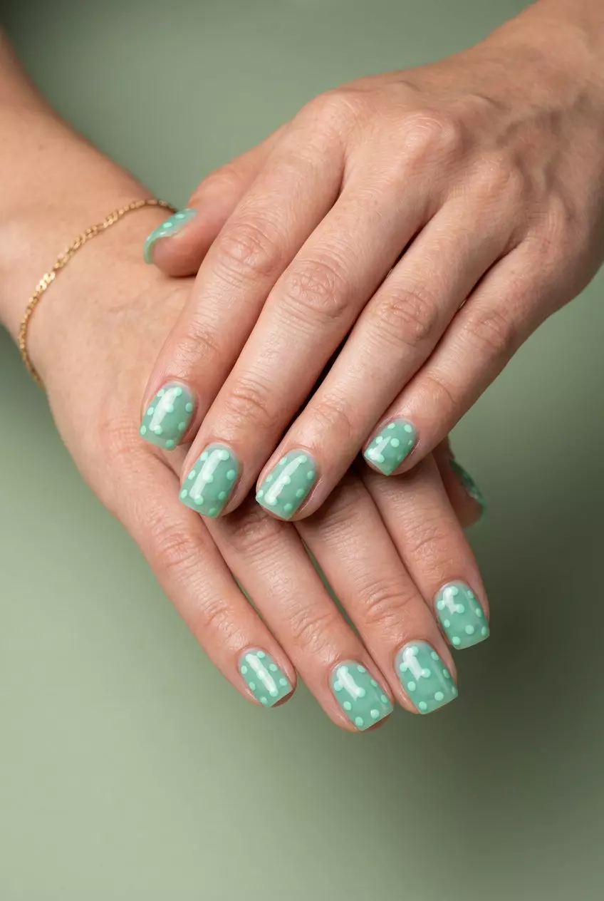 Jelly Mint Polka Dots: Playful summer nail colors 2026 for vacation. Sheer mint with opaque dots.