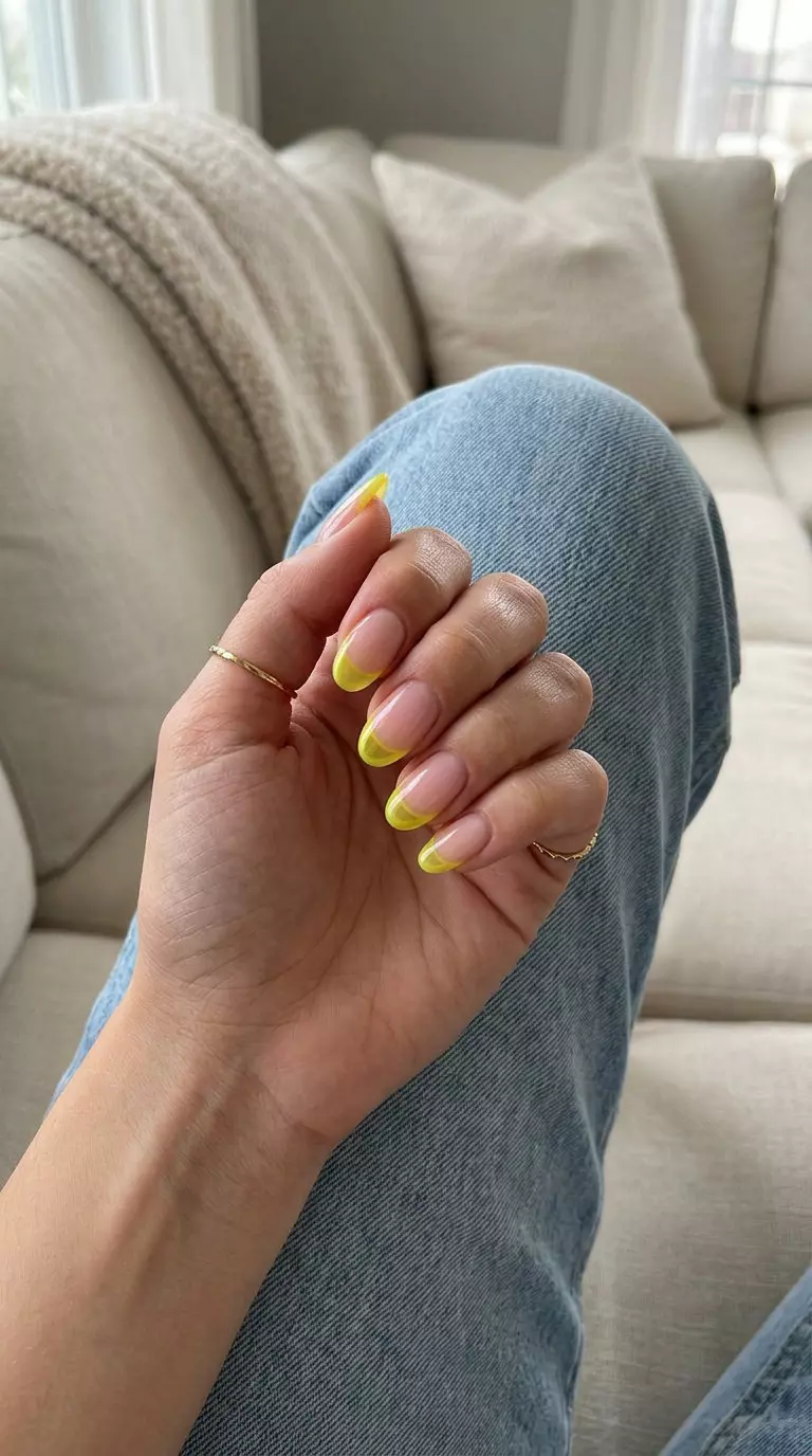 Jelly Yellow French: Fun summer nail colors 2026 for festivals. Translucent lemon yellow tips.