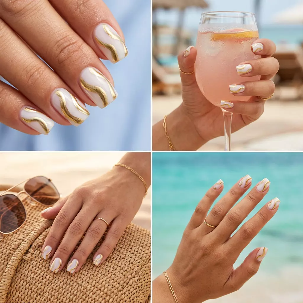 Metallic Gold Chrome Abstract: Milky white short square nails with metallic gold chrome swirls, chic summer nail colors 2026.