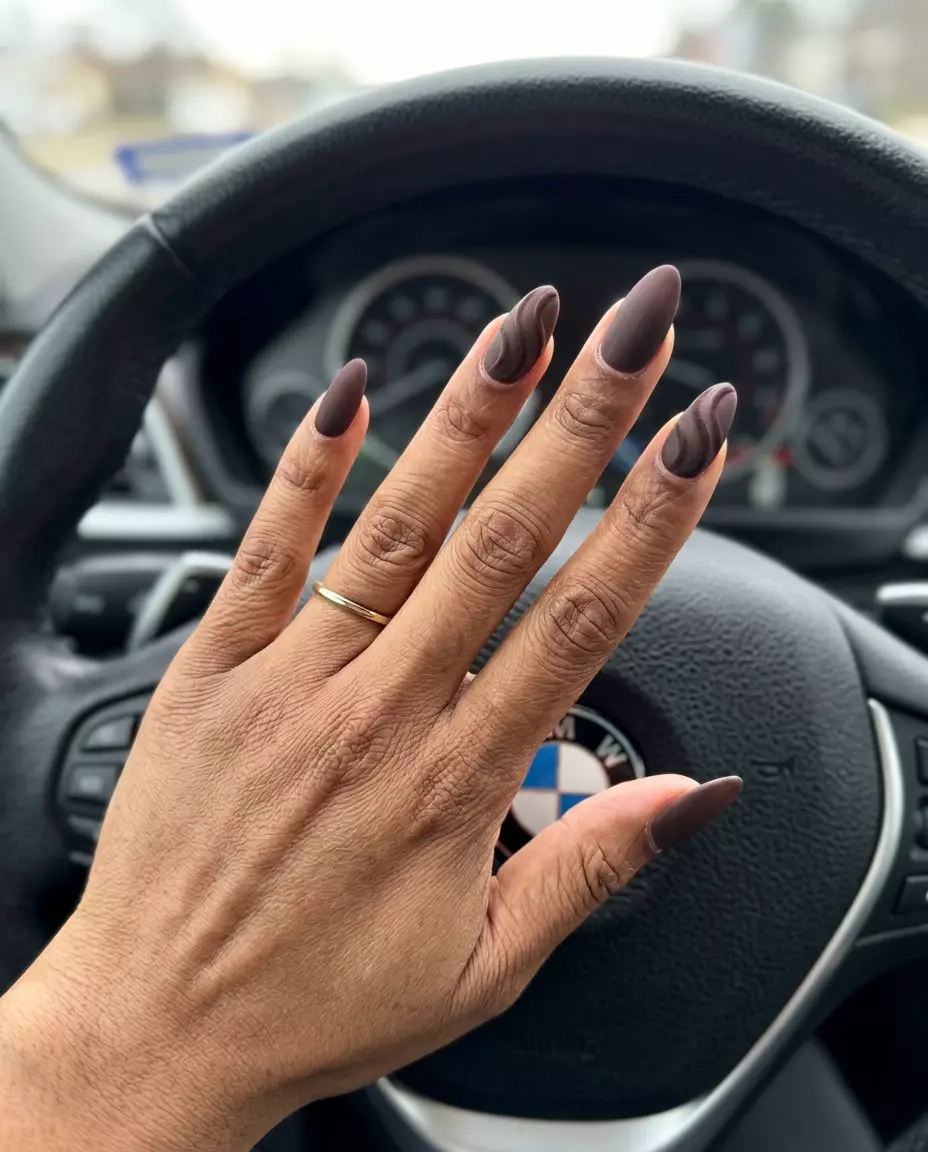 Velvet mocha swirl nails for summer 2026. Sophisticated, elegant evening event style.