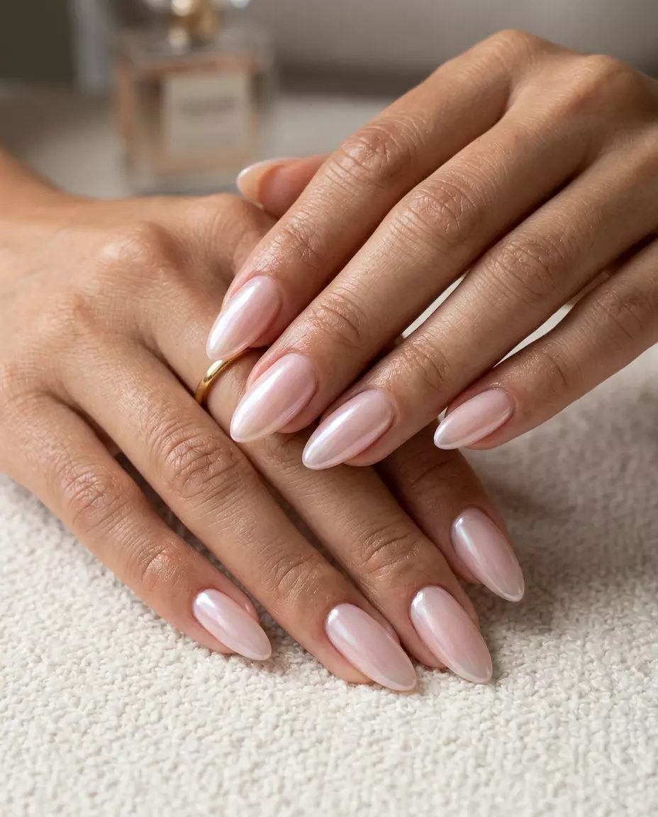 Sheer pink glazed donut nails for summer 2026. Romantic, subtle glamour bridal style.