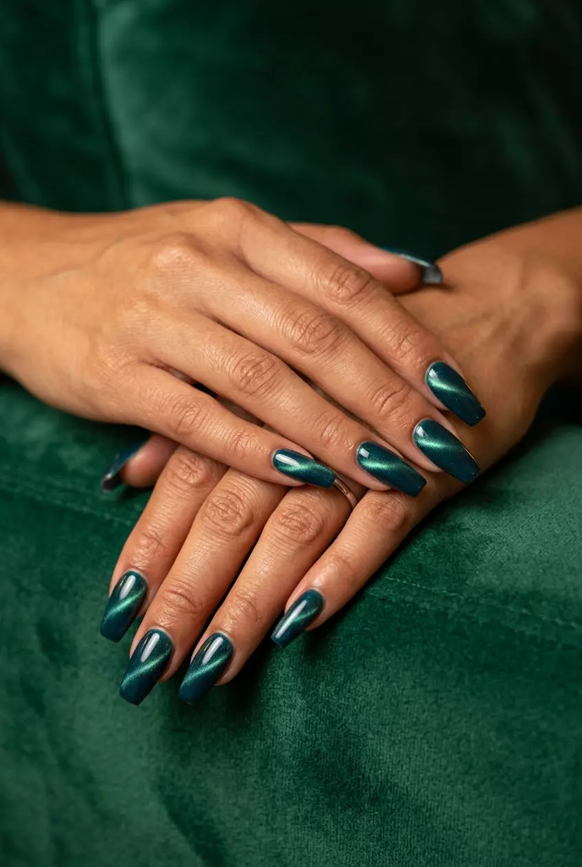 Deep teal cat-eye nails for summer 2026. Sultry, glamorous long almond shape.