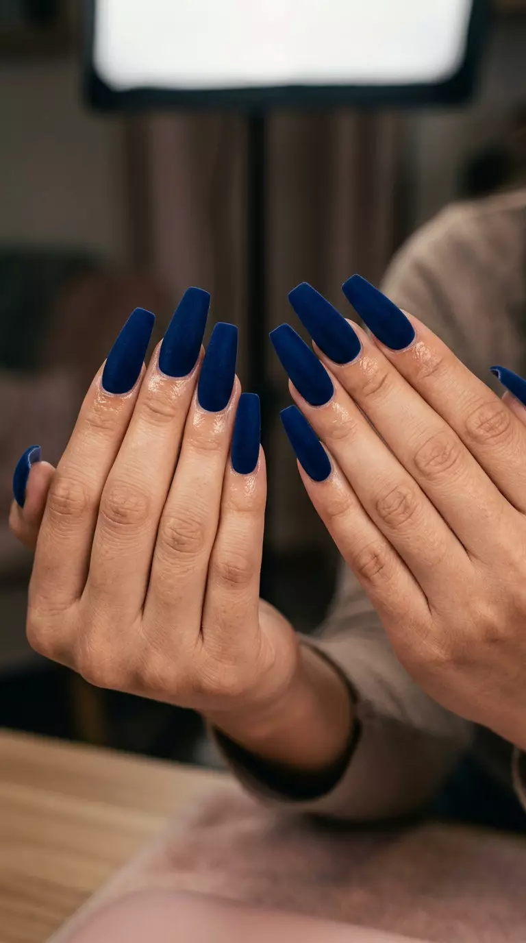 Velvet Navy Matte: Deep navy blue coffin nails with a sophisticated matte finish, elegant summer nail colors 2026.