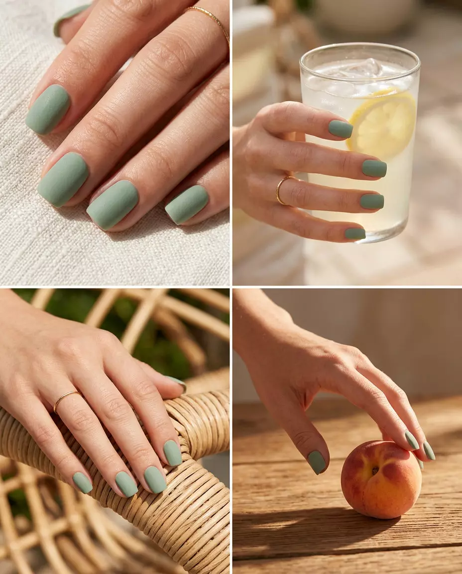 Velvet Sage Green: Sophisticated summer nail colors 2026 for daily wear. Muted sage with matte finish.