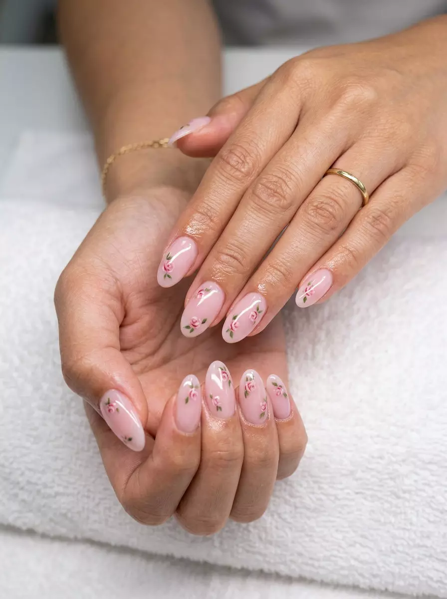 Watermelon Pink Milk Bath Blooms: Romantic summer nail colors 2026 for garden party. Milky pink & florals.