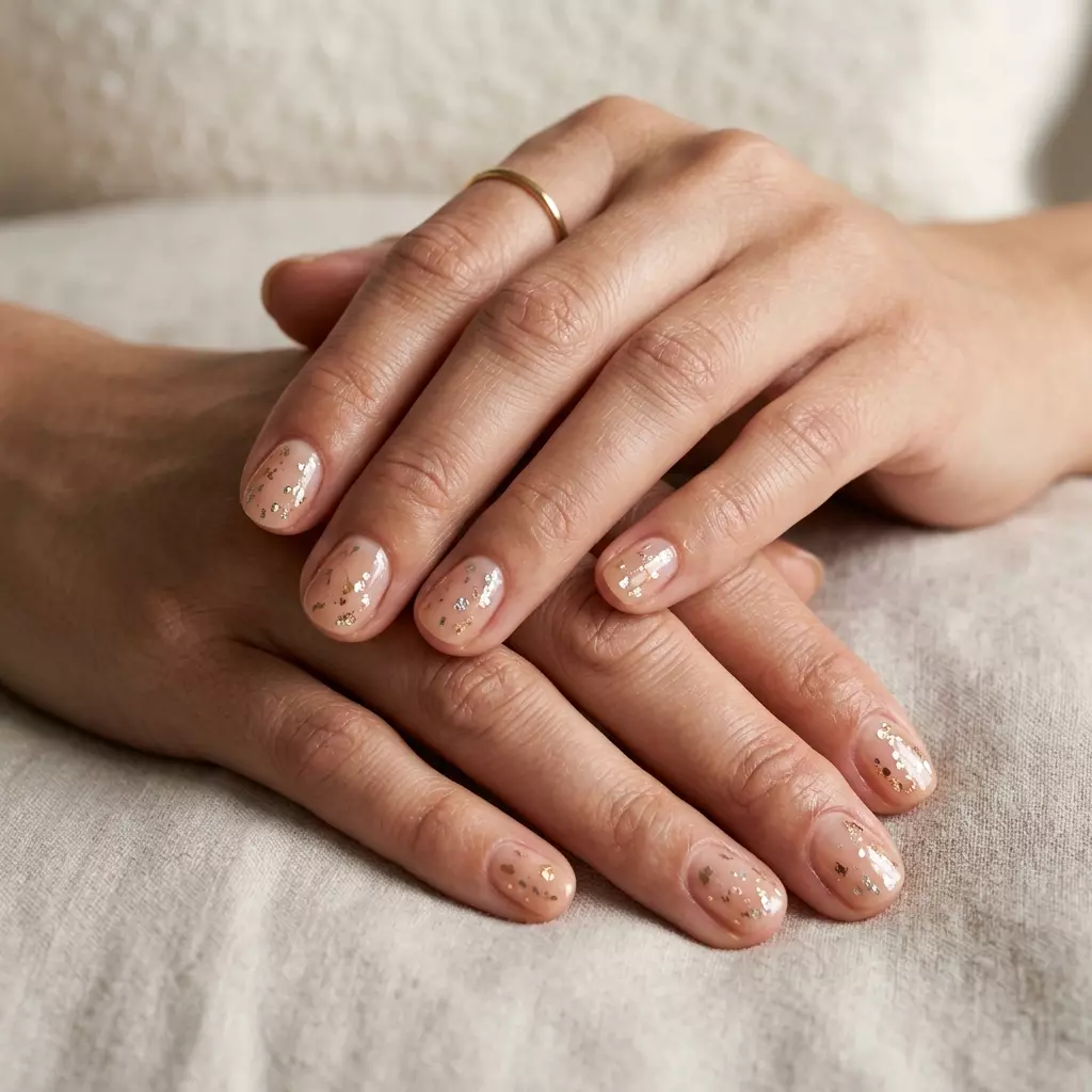 Summer Nail Manicure Ideas 2026: Abstract Foil Flake Nude Abstract foil flake nude nails for summer nail manicure ideas 2026. Warm sheer nude with gold, silver, rose gold flakes.
