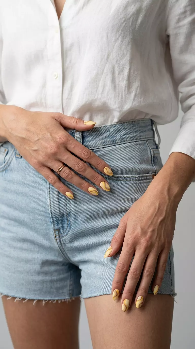 Butter Yellow Velvet Nails 2026: Casual Chic Butter yellow velvet swirls for summer nail manicure ideas 2026. Cheerful casual outing style.