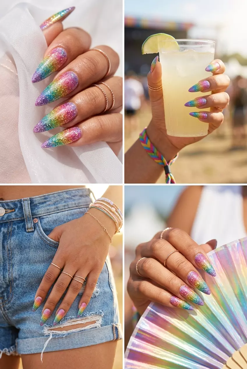Summer Nail Manicure Ideas 2026: Festival Rainbow Glitter Ombre Festival rainbow glitter ombre stiletto nails for summer nail manicure ideas 2026. Playful, dazzling, maximalist.