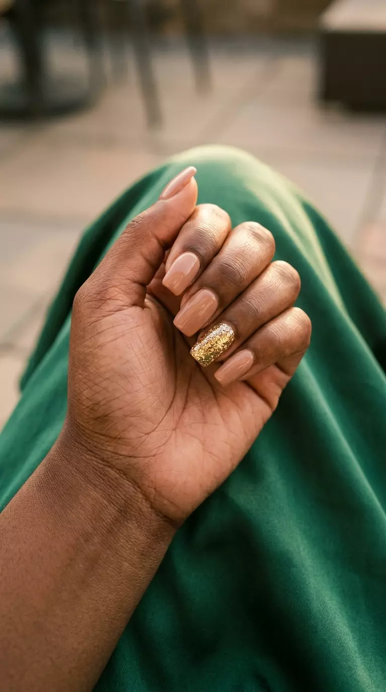Glamorous Summer Nail Manicure Ideas 2026 Warm nude nails with a chunky gold glitter accent for a glamorous summer nail manicure idea 2026. Party, date night style.