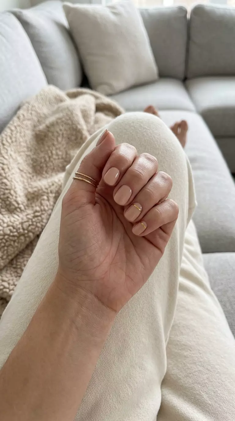 Sophisticated Summer Nail Manicure Ideas 2026 Nude nails with sleek metallic gold line art for a sophisticated summer nail manicure idea 2026. Work, minimalist chic style.