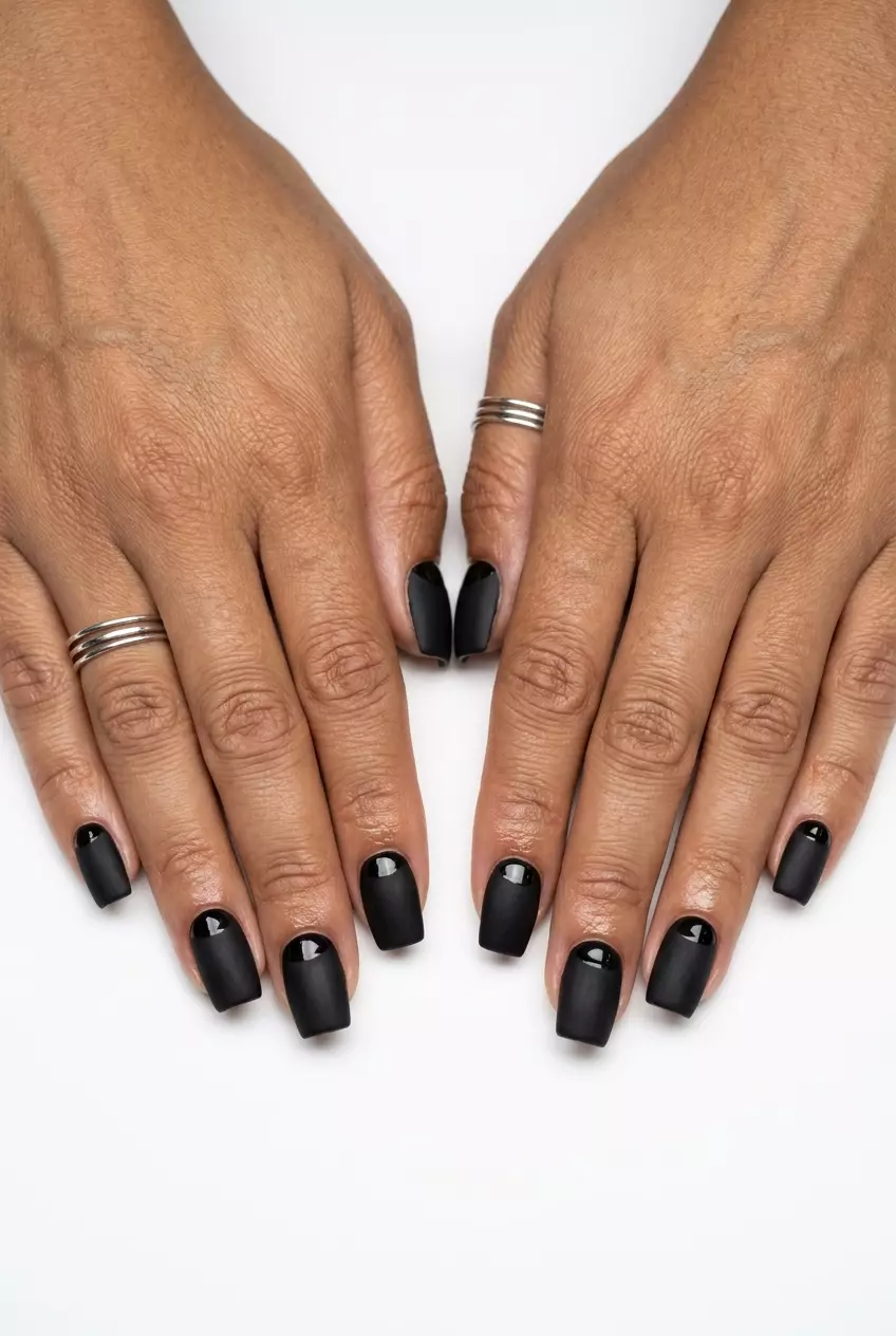 Gothic Glam Nails 2026: Date Night Manicure Gothic Glam matte black reverse French manicure for summer nail manicure ideas 2026. Edgy date night look.