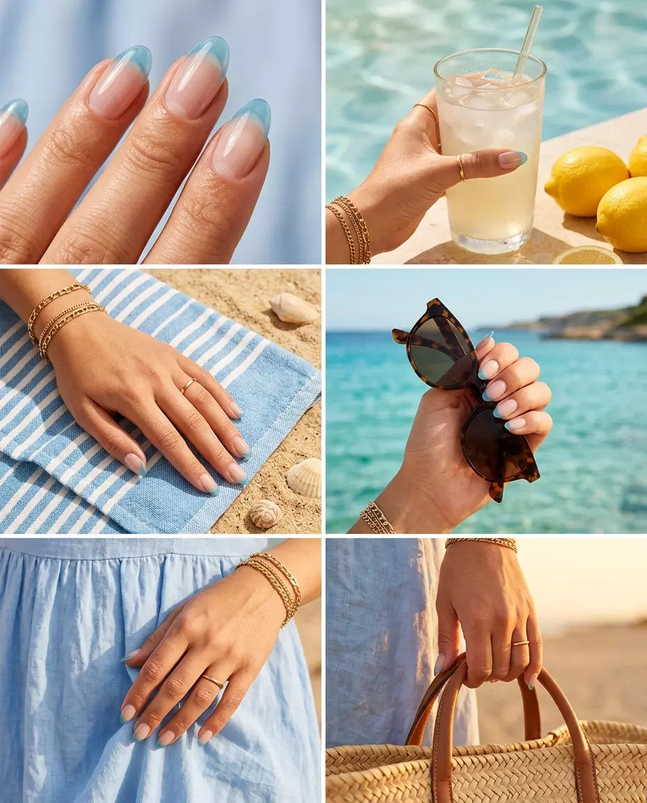 Refreshing Summer Nail Manicure Ideas 2026 Jelly blue French tips on clear nails for a refreshing summer nail manicure idea 2026. Vacation, beach day style.