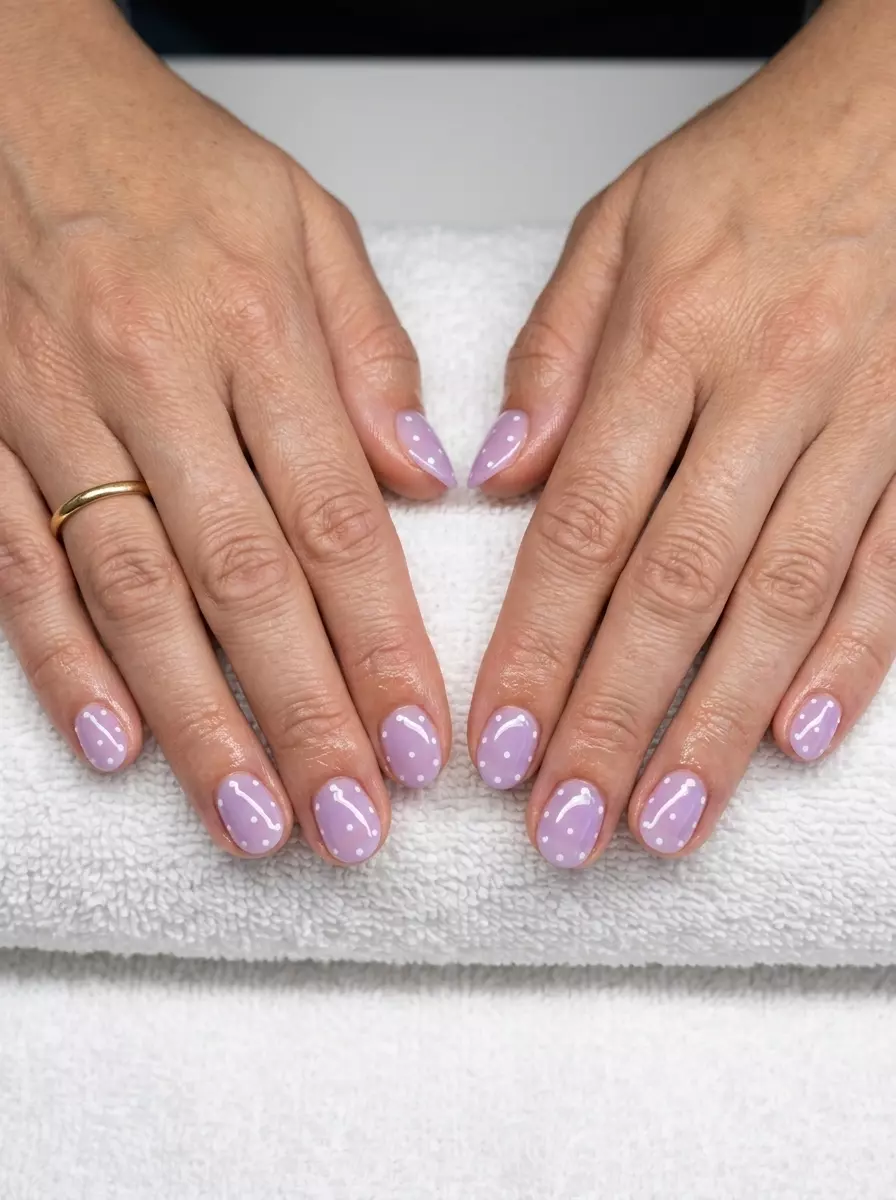 Whimsical Summer Nail Manicure Ideas 2026 Sheer lavender nails with optic white dots for a whimsical summer nail manicure idea 2026. Casual, daily style.