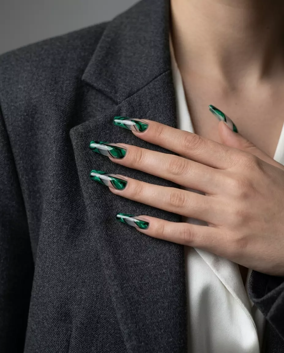 Artistic Summer Nail Manicure Ideas 2026 Clear flare nails with emerald green marble accents for an artistic summer nail manicure idea 2026. Formal event, fashion week style.