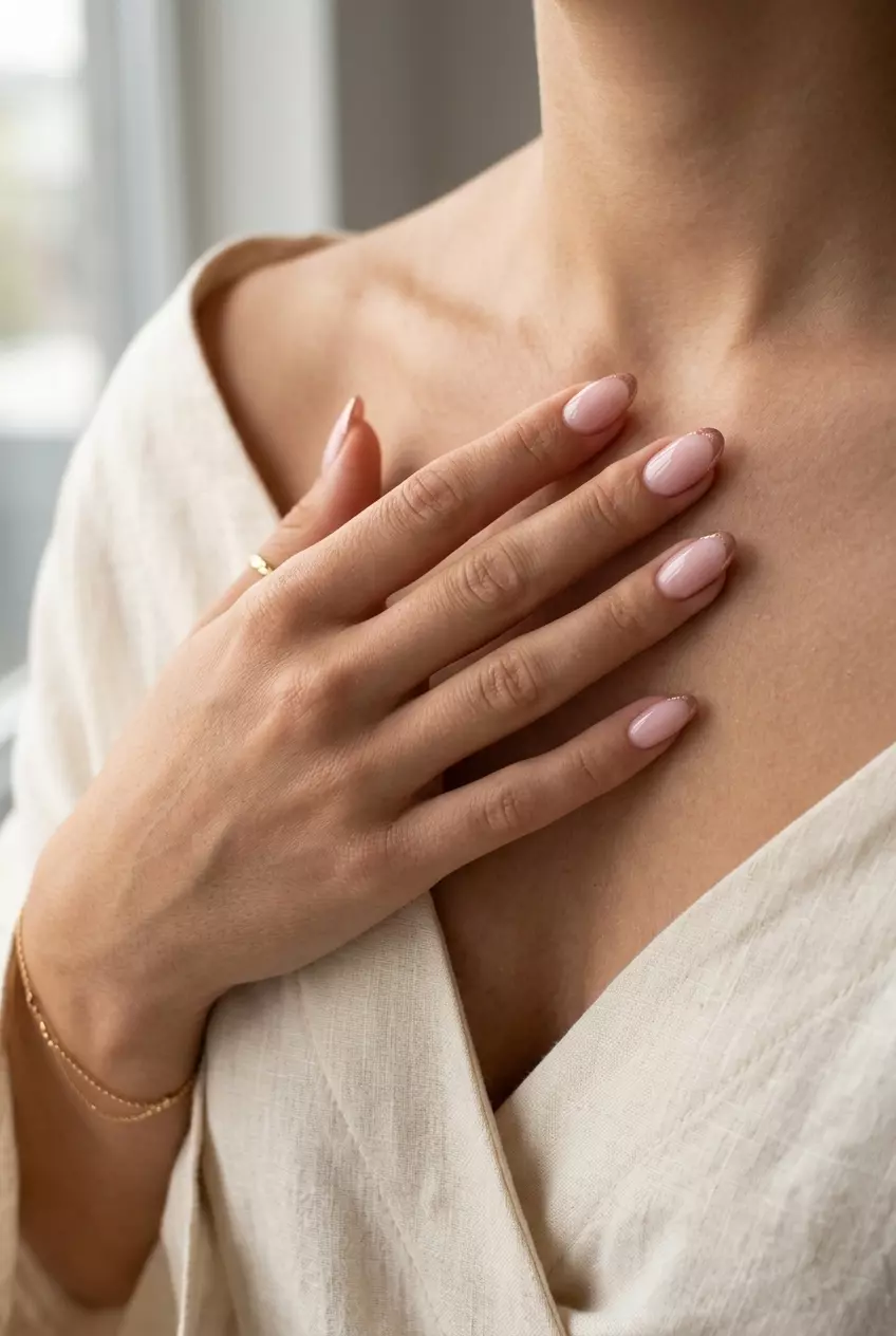 Elegant Summer Nail Manicure Ideas 2026 Milky pink nails with rose gold shimmer French tips for an elegant summer nail manicure idea 2026. Wedding guest style.