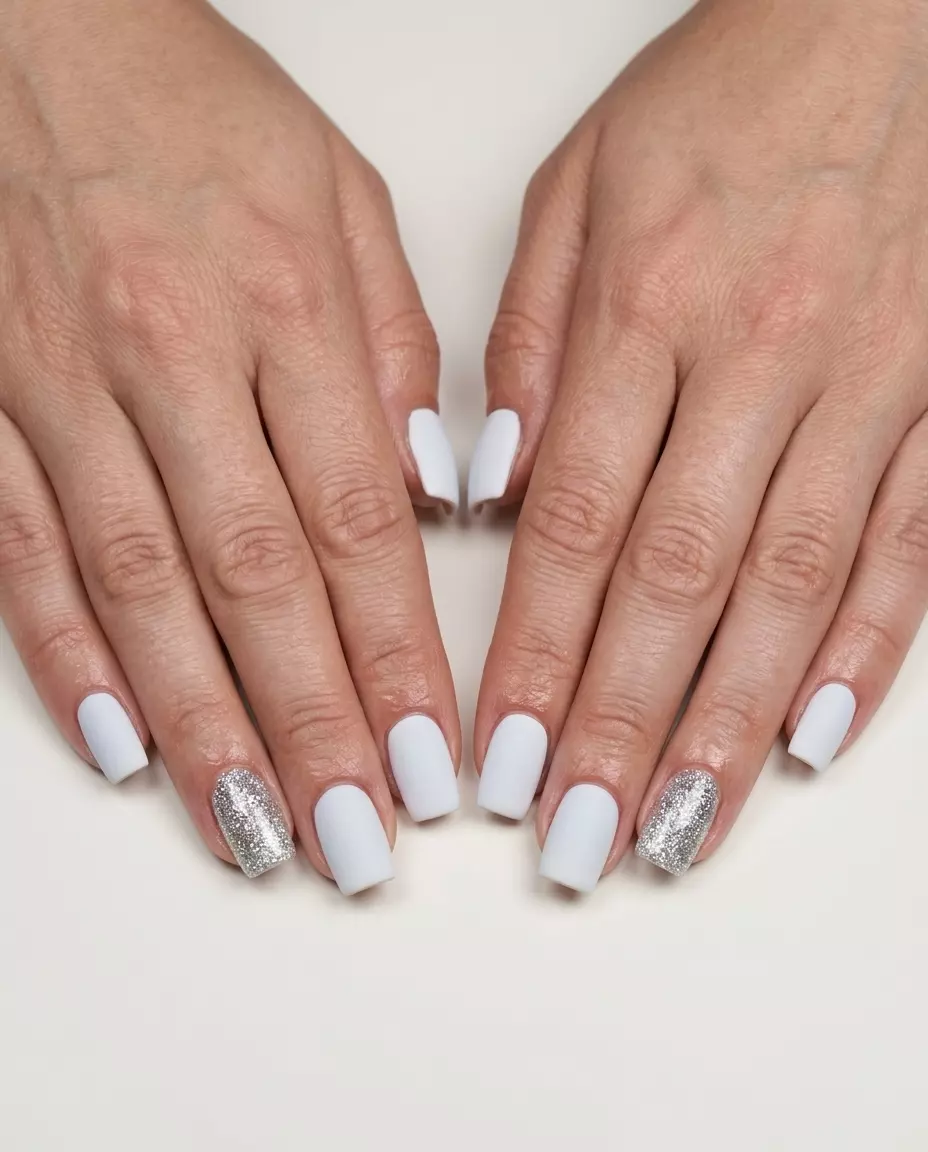 Chic Summer Nail Manicure Ideas 2026 Opaque white nails with a silver glitter accent for a chic summer nail manicure idea 2026. Casual, everyday style.