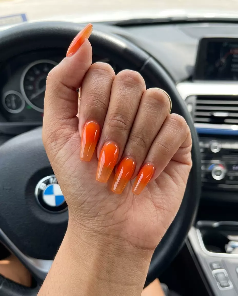 Sunset Jelly Ombre Nails 2026: Vacation Vibes Sunset jelly ombre coffin nails for summer nail manicure ideas 2026. Vibrant vacation party style.