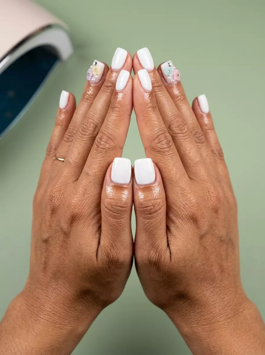 Bright White 3D Charm Garden nails for summer nails 2026: white with floral and pearl charms.