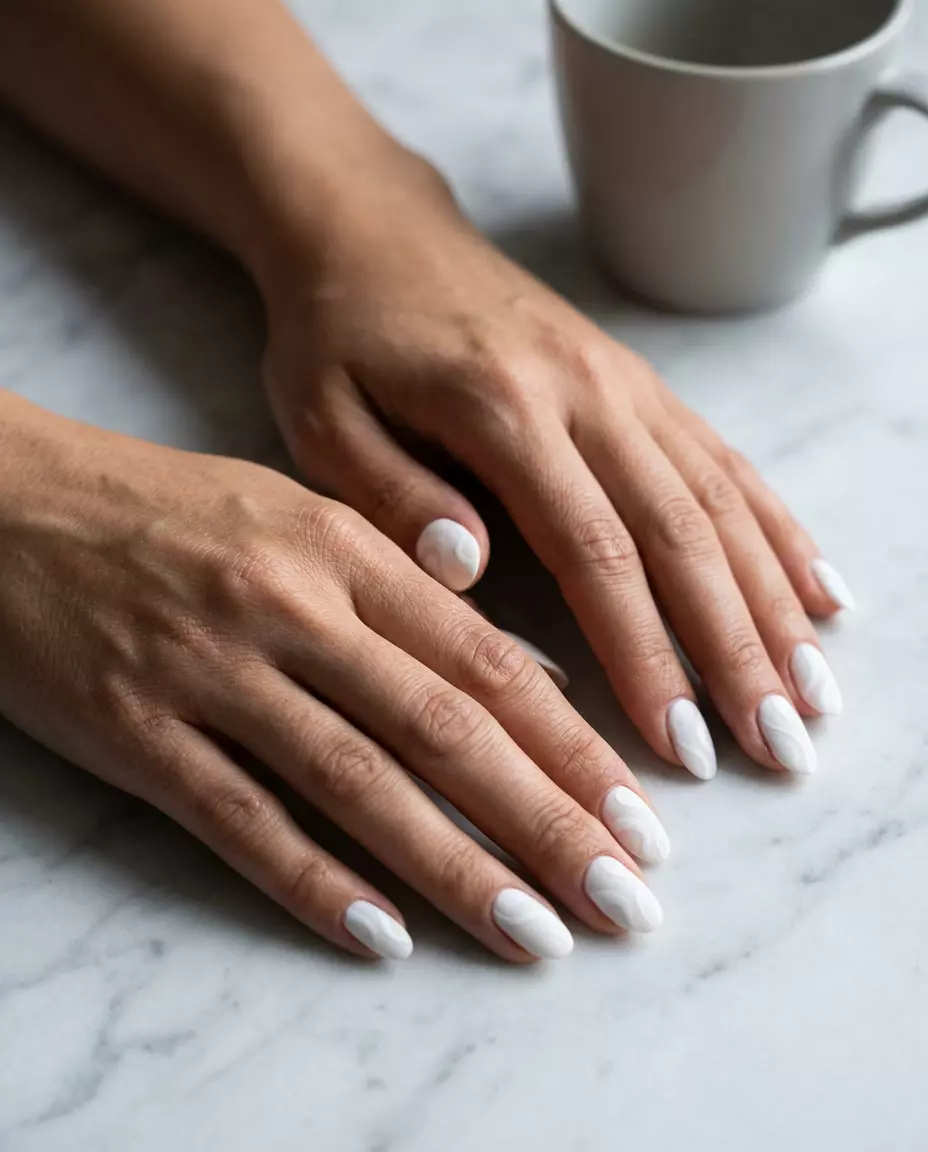 Bright white matte swirl summer nails 2026 for work and minimalist style. Sophisticated art.