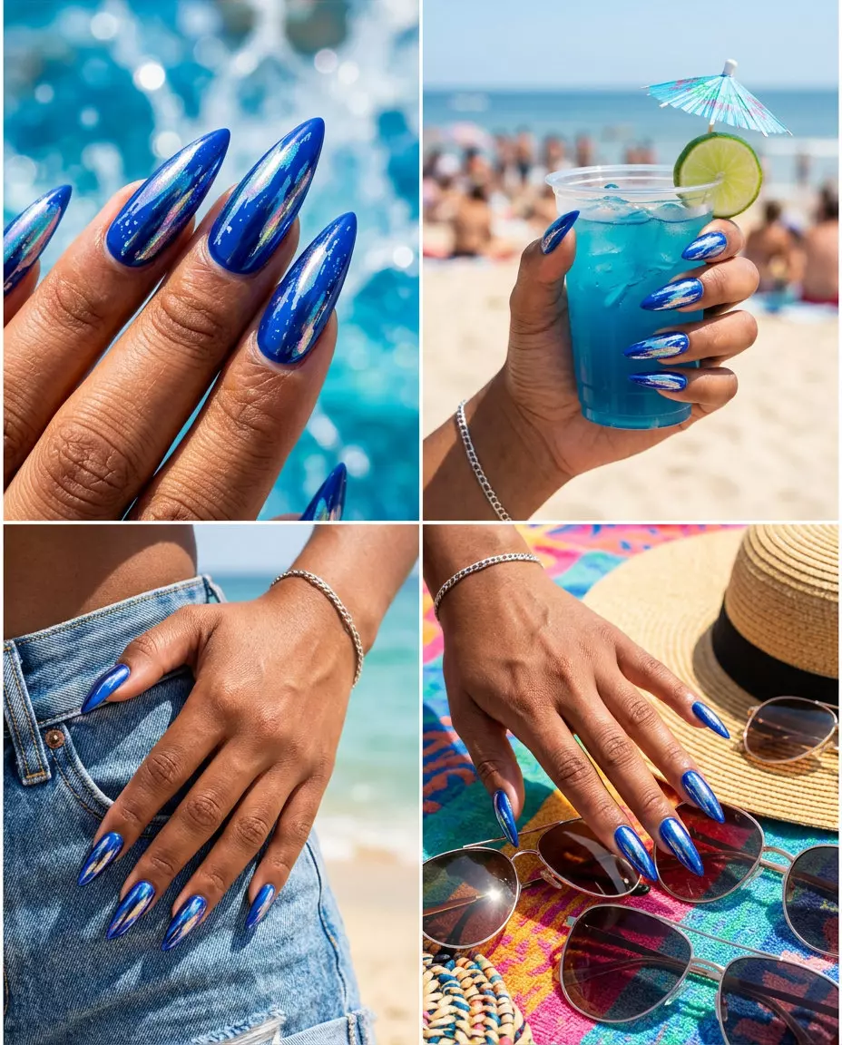 Cobalt blue abstract chrome summer nails 2026 for night out, concert. Bold, glamorous art.