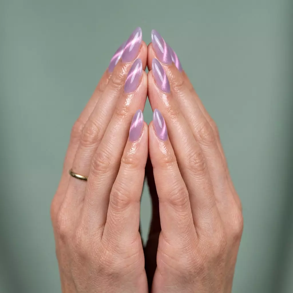 Lavender chrome cat-eye bloom summer nails 2026 for date nights and festivals. Ethereal shimmer.