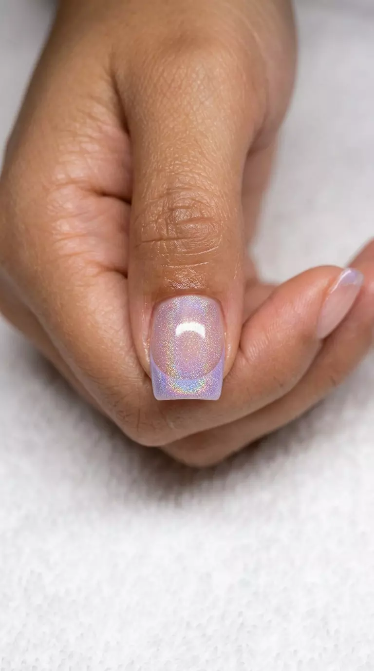 Lavender holographic French summer nails 2026 for casual days and picnics. Whimsical shimmer.