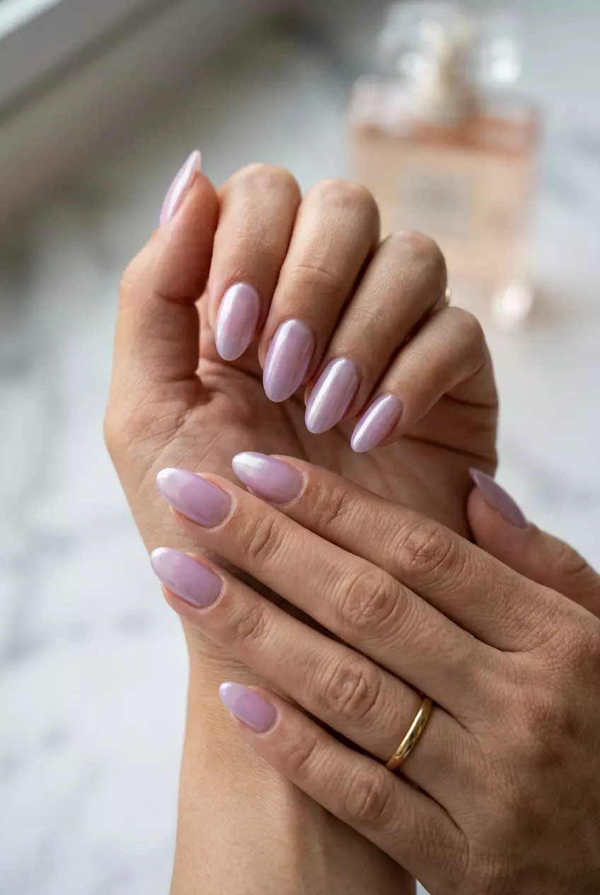 Lavender Jelly Glazed Donut nails for summer nails 2026: sheer lavender with pearlescent sheen.