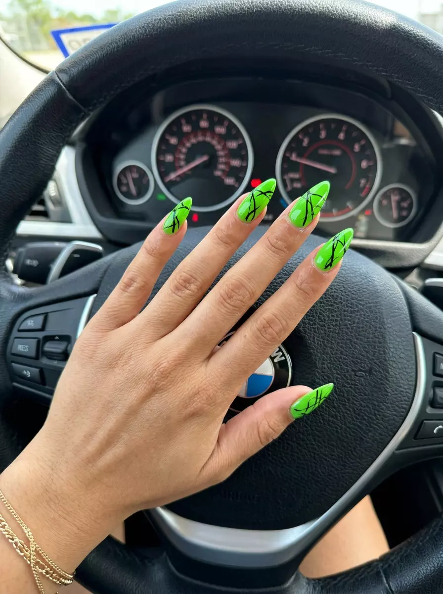 Lime Abstract Line Play nails for summer nails 2026: vibrant lime green with thin black lines.