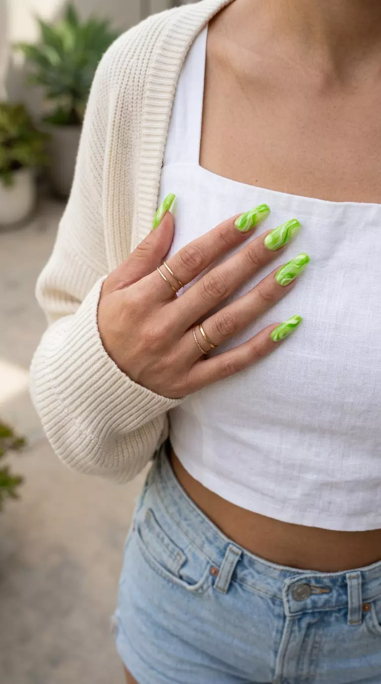 Lime green abstract marble swirl summer nails 2026 for vacation and casual outings. Playful art.