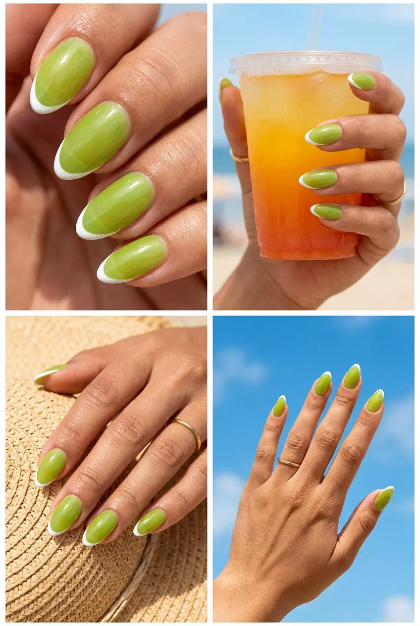 Lime green jelly micro French summer nails 2026 for vacation and weekend fun. Fresh & chic.