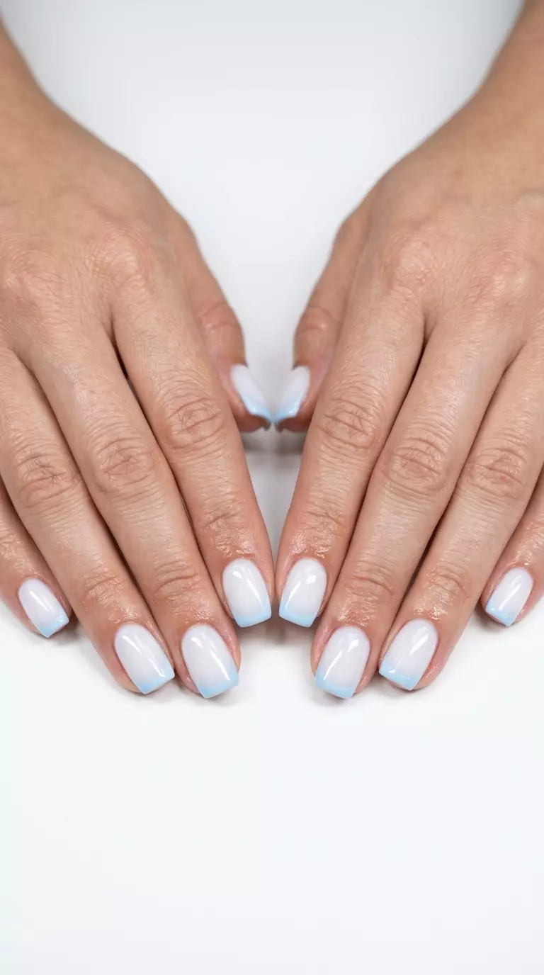 Classic Milky Baby Blue French nails for summer 2026, perfect for daily wear and work. Clean, minimalist style.