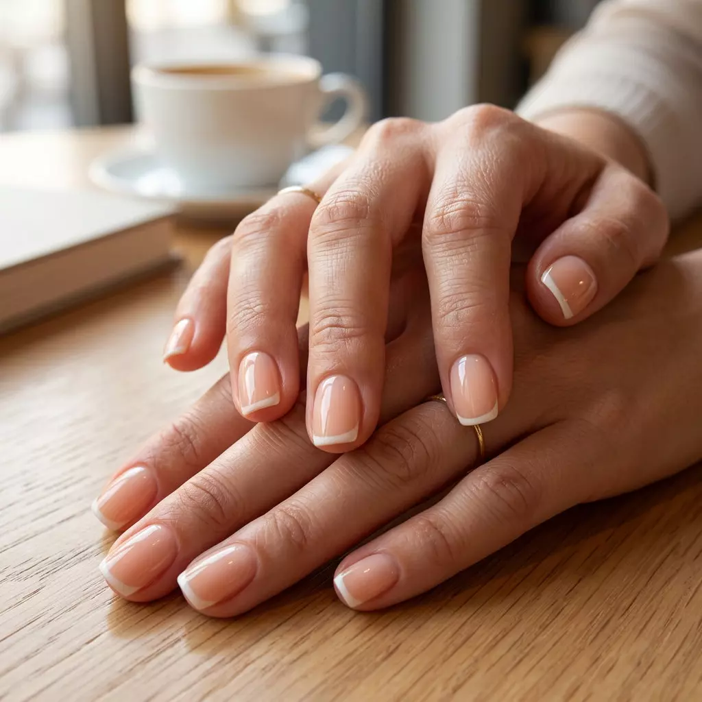 Milky Peach French Garden nails for summer nails 2026: milky peach with clean white French tips.
