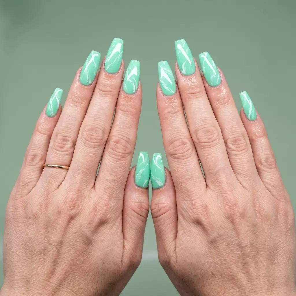 Mint Green Marble Coffin Chic nails for summer 2026, ideal for parties and summer events. Sophisticated and modern.