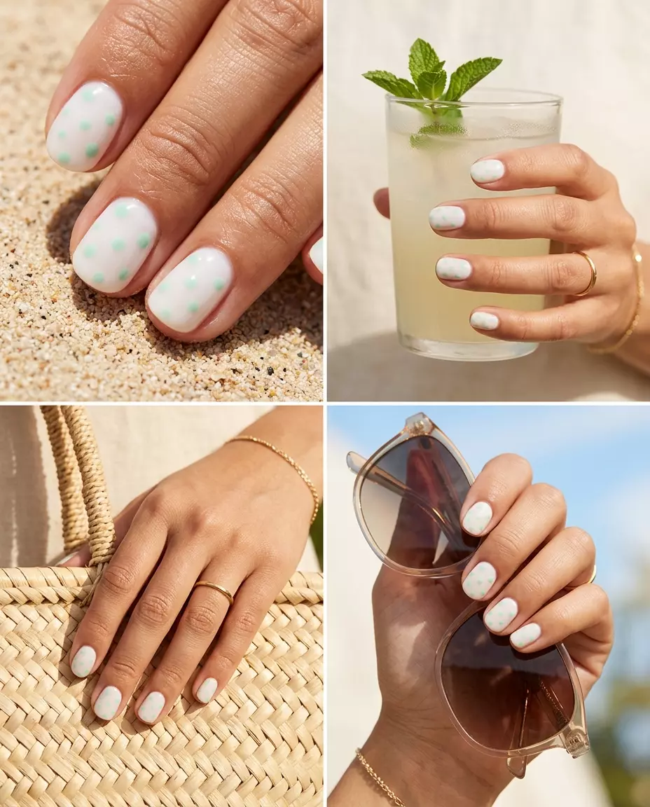 Sweet mint green dots on milky white nails for summer nails 2026, perfect for casual weekends.