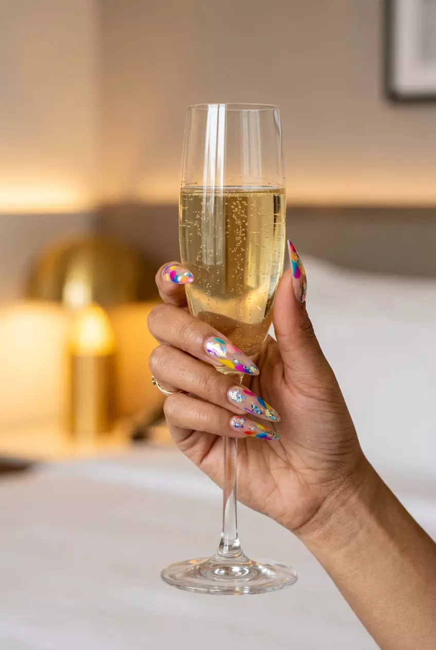 Multicolor abstract chrome flakes summer nails 2026 for parties and festivals. Edgy & vibrant.