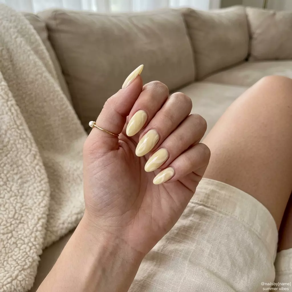 Milky pale yellow nails with creamy ivory swirls for summer nails 2026, romantic for brunch.