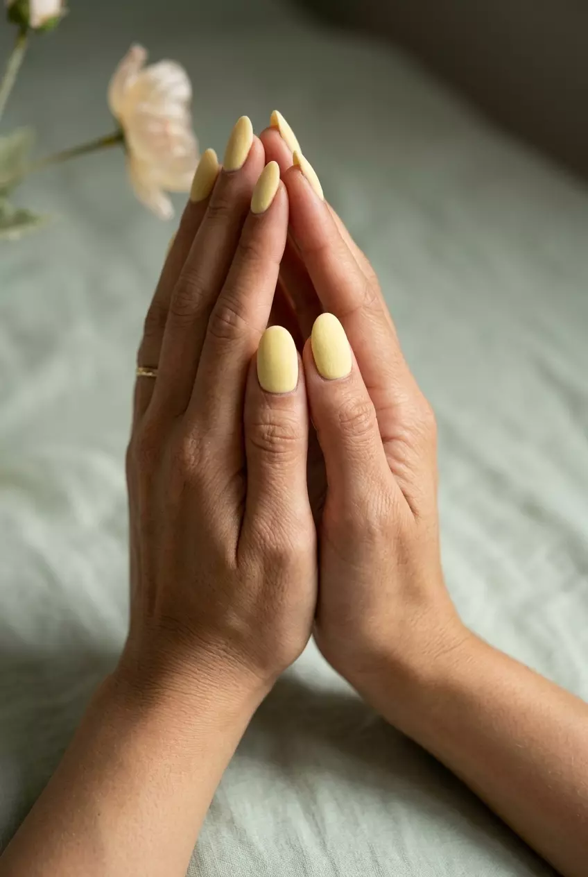Pale yellow velvet matte oval nails for summer nails 2026, sophisticated for formal events.