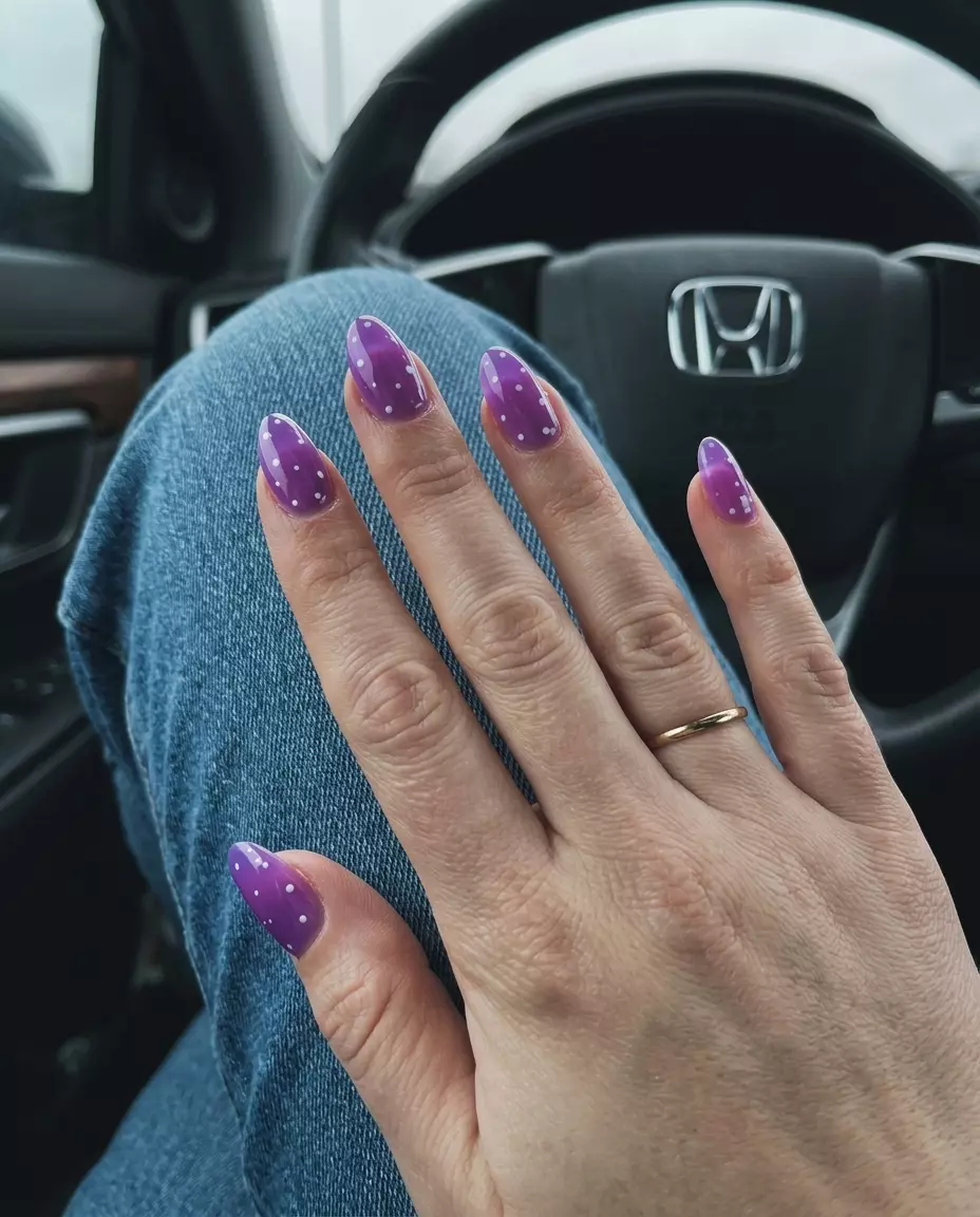 Lavender jelly dots almond nails for summer nails 2026 pastel, playful for vacation and casual weekend looks.