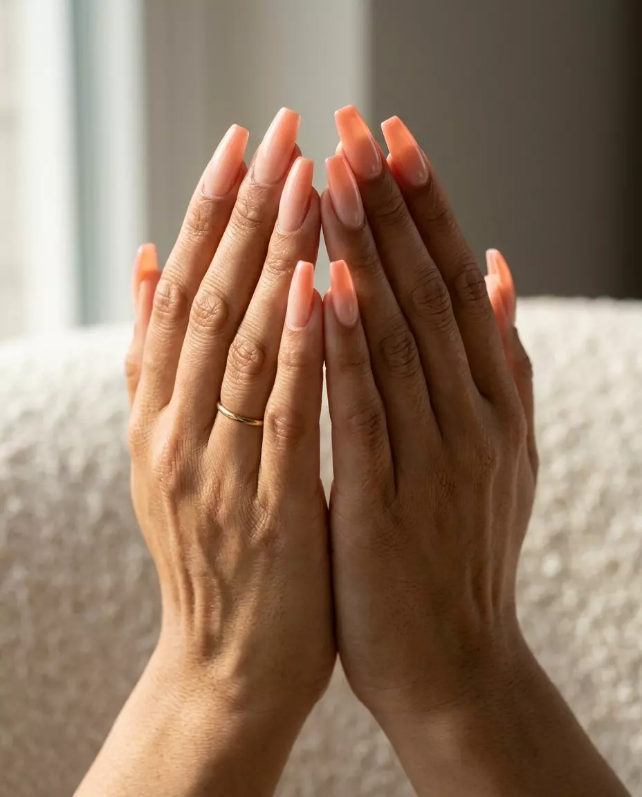 Peach sorbet sheer gradient nails for summer nails 2026 pastel, ideal for date night and vacation resort wear.