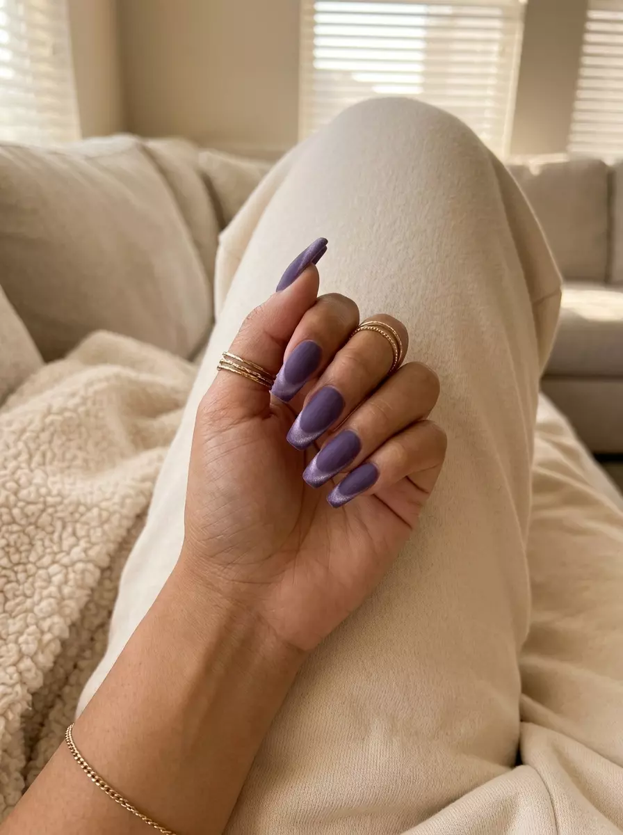 Velvet lavender French tip nails for summer nails 2026 pastel, glamorous for parties and summer soirees.