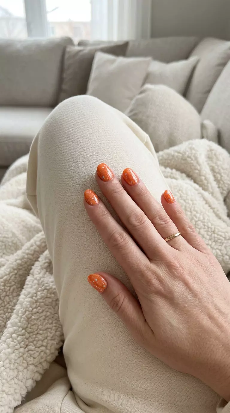 Peach Coral Shimmer Dots nails for summer nails 2026: peach coral with scattered iridescent shimmer dots.