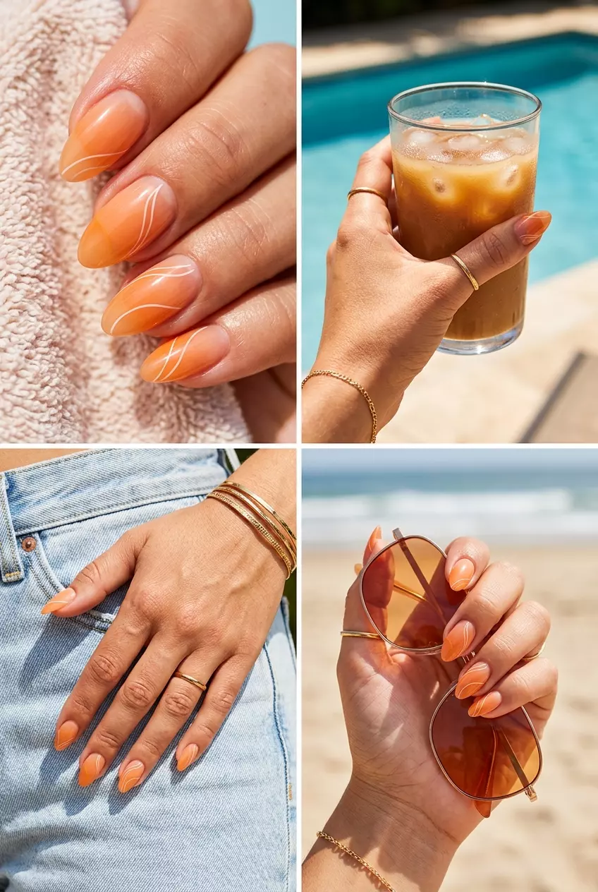 Barely-there peach lines on clear nails for summer nails 2026, minimalist for work.